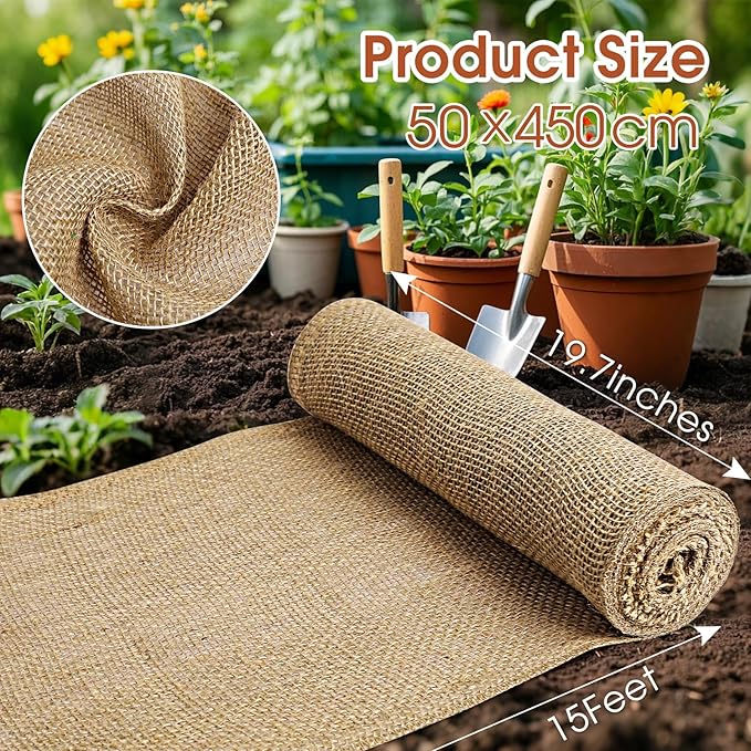 Burlap Fabric - Garden Burlap Fabric Roll Natural Jute Outdoor Fabric Burlap Weed Barrier Trees Trunk Wrap for Crafts Farmhouse Gardening Table Decor for Crafts (19.7" x 15 Feet)
