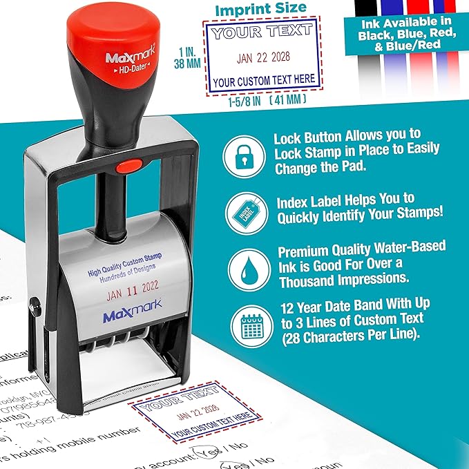 MaxMark Heavy Duty Self Inking Date Stamp with Phrase Paid - 2 Color Blue/Red Ink