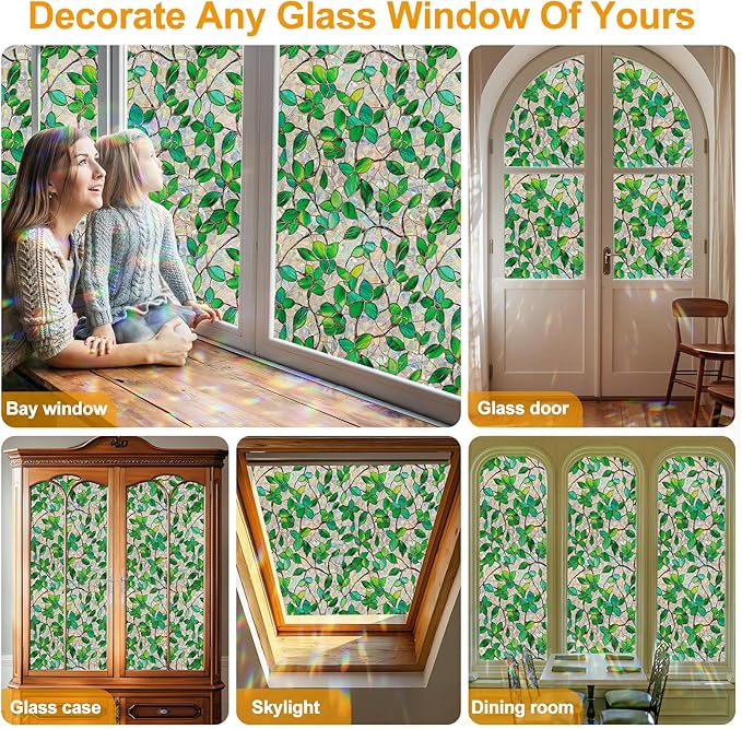 Window Privacy Film Stain Glass Window Film Rainbow Window Film Window clings Non-Adhesive Reusable Decorative for Room (Greenery Leaf, 17.5 x 157.4 in)