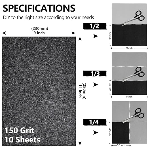 150 Grit Sandpaper, 9 x 11 Inch Wet Dry Sand Paper Hand Abrasive Sanding Sheets for Wood Metal Automotive Sanding and Polishing, Coarse - 10 Sheets