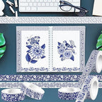 12 Pcs blue and white porcelain Washi Tape Maple Leaf Print Masking Tape Pumpkin Pattern Decorative Paper Sticker for Fall Party Holiday Scrapbook DIY Craft Gift Wrapping Handbook Sticker