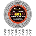 Stainless Steel Cable for Railing - 25FT 1/4" T316 Wire Rope with Clamps and Thimbles - 7 x 19 Strands 6700 LBS Breaking Strength for Outdoor Deck Railing Zipline