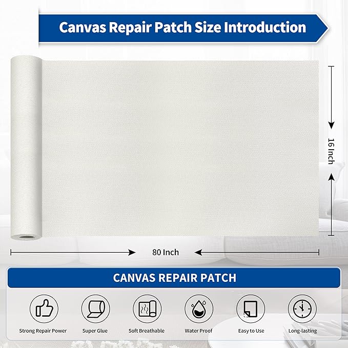 KING MOUNTAIN Linen Repair Patches, Self-Adhesive Linen Fabric Patches, 16X80 inch Extra Size, Multi Color, Can be Used for Linen Sofa Repair and Linen Clothes Repair (White)