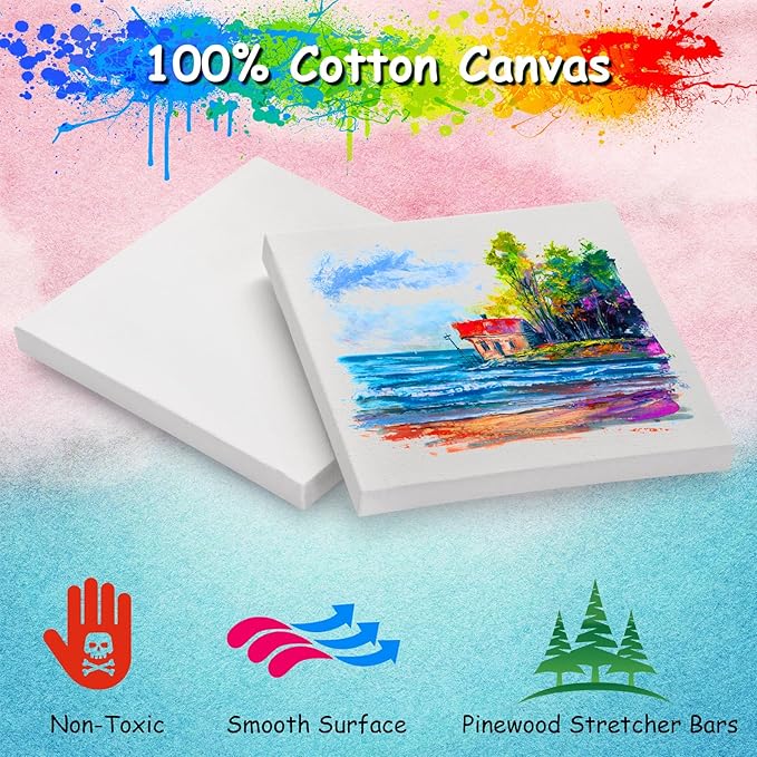 12PCS Mini Canvas and Easel Set - 5x5In Profile Small Square Canvases and 7.7 x 4.4In Easel - 100% Cotton Mini Stretch Canvas for Children's Painting Art Supplies, School Home Decorating Projects