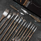 Oil Paint Brush Set, 15Pcs Fuumuui Professional Paint Brushes Natural Badger Bristle with Flat, Fan, Angle, Round, Filbert for Oil, Acrylic Canvas Paintings with 2pc Palette Knife