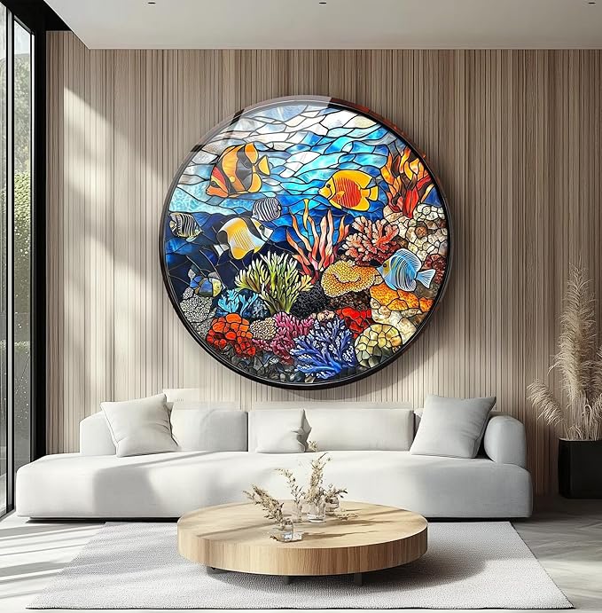 My Photostation.com 10''(25cm) Diameter Coral Reef Mosaic Round Glass Wall Art Tempered Glass Printing Wall Decor Large Wall Art Wall Hangings