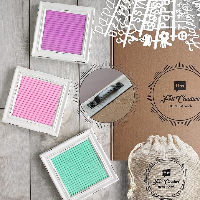 Mini Rustic Felt Letter Board Farmhouse Trio Changeable Message Boards by Felt Creative Home Goods Vintage Style Frames 3 Pack Bundle White Letter Set with Cursive Months Days (6x6) Color Edition