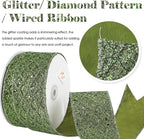 HUIHUANG Moss Green Wired Ribbon for Christmas Tree 2.5 inch Glitter Moss Diamond Mesh Ribbon for Tree Decoration, Wreaths, Garland, Gift Wrapping, Bows Making, Thanksgiving Decor -10 Yards