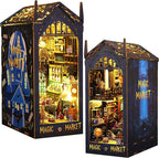 ISSEVE DIY Book Nook Miniature Kits for Adults, 3D Wooden Puzzle Dollhouse Miniature House Kit for Booknook Shelf Insert Decor, Creative Assembled Bookends Bookshelf with Sensor Light (Magic Market)