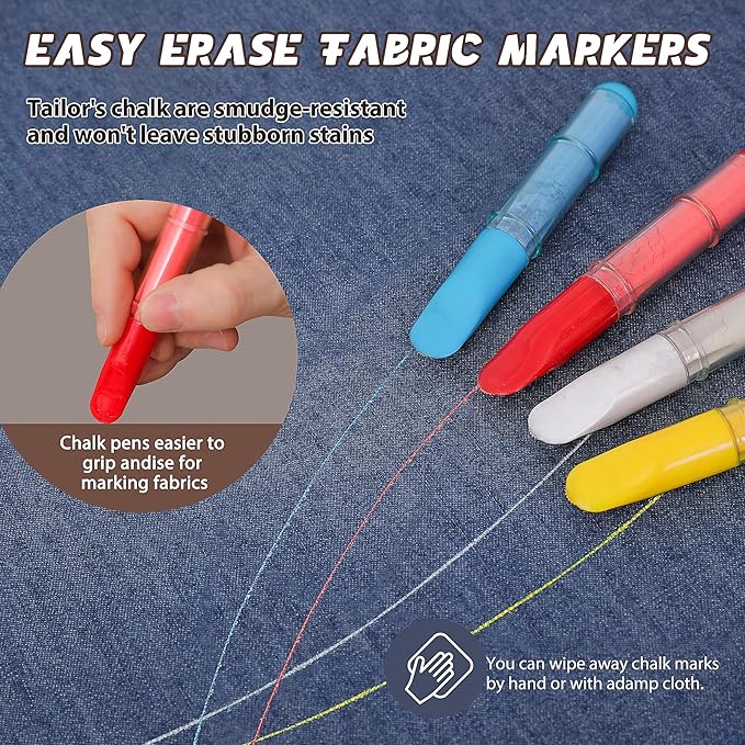 Fabric Chalk Markers for Sewing,Quilting,Crafting|Erasable Tailor Chalk|Work on Various Fabrics|Dosing Wheel Drawing Precise Line(2pk Yellow,White professional tailors chalks pencil&1Ruler)