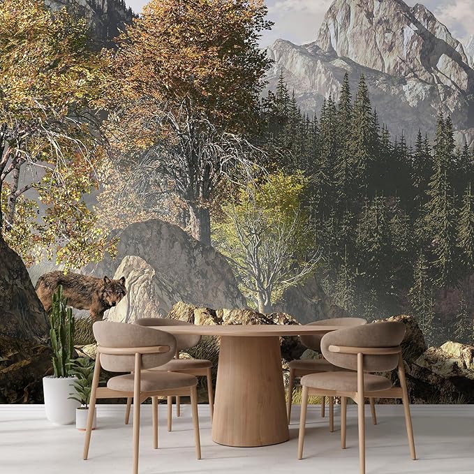 wall26 Wall Sticker/Wall Mural Wolf Near a Lake in a Rocky Mountain Landscape, Not Peel and Stick, Non-Woven Wallpaper Decorative for Bedroom, Living Room, Office - 120x168 inches