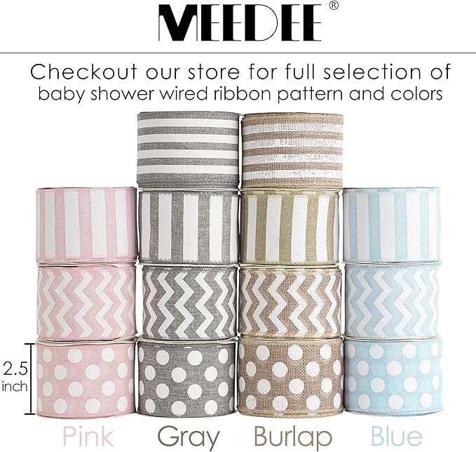 MEEDEE Burlap Wired Ribbon with White Stripe - 2.5 Inch Wired Ribbon for Cakes, Gift Baskets, Wreaths, Rustic Decor, Baby Showers, Beach, Farmhouse, 10 Yards