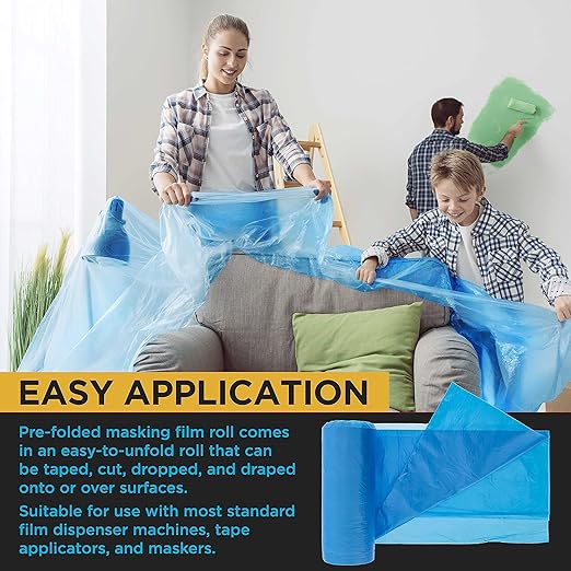 Dura-Gold 72" x 59' Pure Blue Pre-Folded Masking Film, (3 Pack) Painters Plastic Roll (0.4 Mil), Pull Down Drop Sheet, Pre-Folded Plastic Sheeting for Painting Protection on Auto, Walls, Furniture