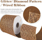 HUIHUANG Copper Wired Ribbon 4 inch Glitter Christmas Wired Ribbon Diamond Mesh Wire Ribbon for X-mas Tree Decorations, Wreaths, Garland, Large Bows Making, Thanksgiving Fall Decor -10 Yards