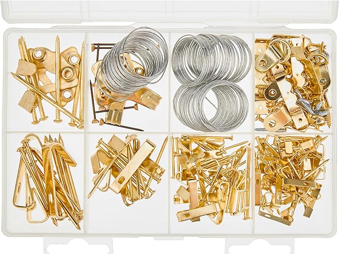Amazon Basics Picture Hanging Hardware Assortment Kit, 220 Piece Set, Brass