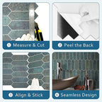 SUNWINGS Backsplash Tile for Kitchen Peel and Stick, Stone Composite Self Adhesive Tiles Faux Marble Pattern Long Hexagon Mosaic Wall Tile for Kitchen, 12 Inch x 11.22 Inch 10 Sheets Green