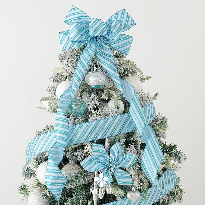 MEEDEE Blue Diagonal Stripe Ribbon 2.5 Inch Blue Satin with Turquoise and Teal Glitter Wired Ribbon for Wreath Bow, Topper Bow, Tree, Garlands (10 Yards)