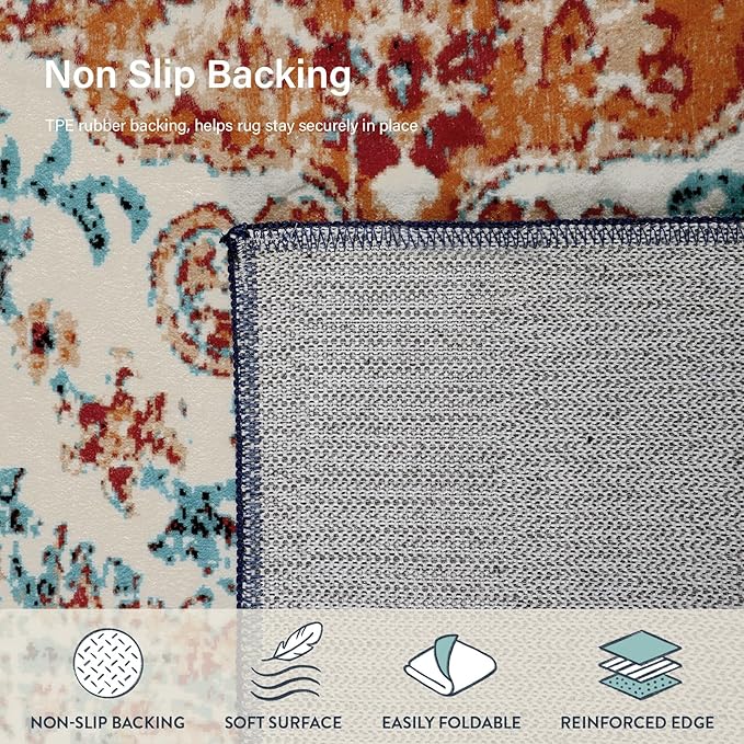 Lahome Bohemian Floral Medallion Area Rug - 4x6 Oriental Distressed Bedroom Rug Country Vintage Faux Wool Indoor Throw Mat Non-Slip Washable Low-Pile Carpet for Bathroom Living Kitchen Laundry Room