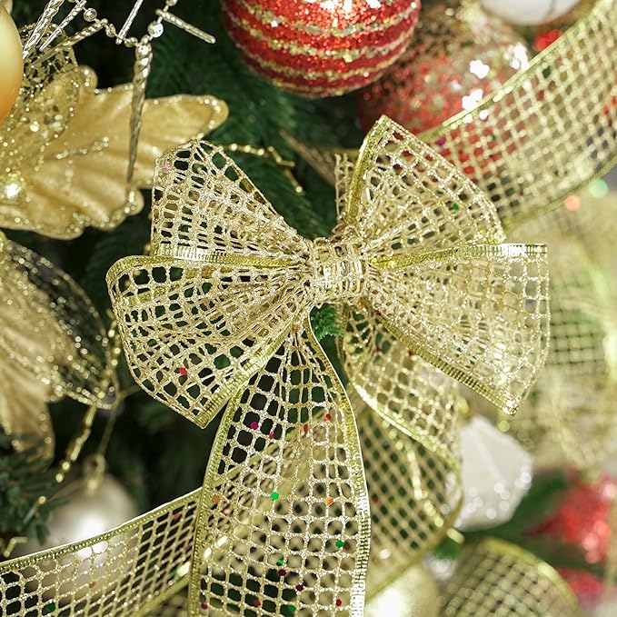 MEEDEE Gold Glitter Ribbon Gold Christmas Ribbon 2.5 Inch Square Mesh Net Wired Ribbon with Rainbow Sparkle Gold Wired Ribbon Gold Ribbon for Christmas Tree Decoration, Wreath Bow Making (10 Yards)