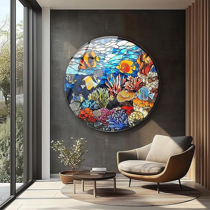 My Photostation.com 10''(25cm) Diameter Coral Reef Mosaic Round Glass Wall Art Tempered Glass Printing Wall Decor Large Wall Art Wall Hangings