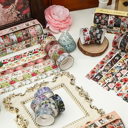 10 Rolls Blooming Flowers Washi Tape Set Floral Arts Adhesive Tapes Colorful Garden Decorative Masking Tape Sets for Craft, Kids, Scrapbook, DIY, Gift Wrapping (2-Romance)