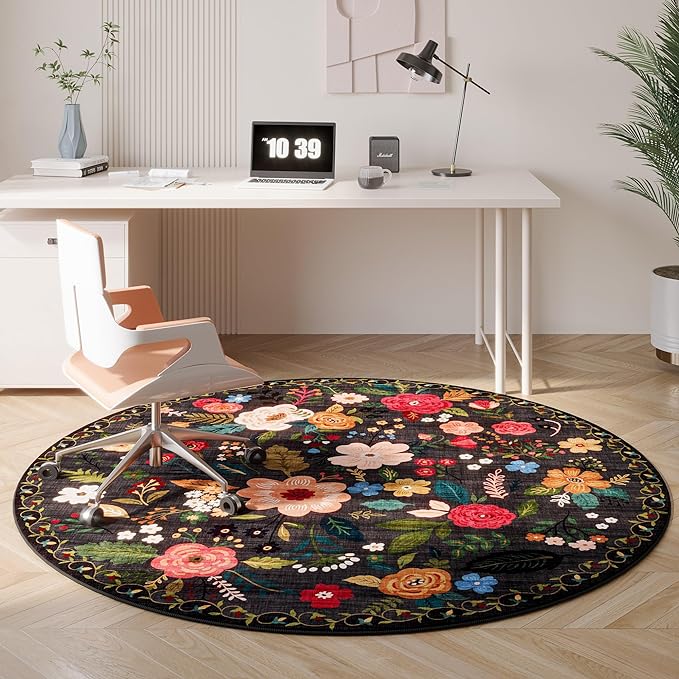 Rugcomf Round Rug 4ft Washable Circle Rug Non Slip Low Pile Boho Floral Small Circular Rug for Bedroom, Bathroom, Entryway, Kids Room, Office, College Dorm(Black)