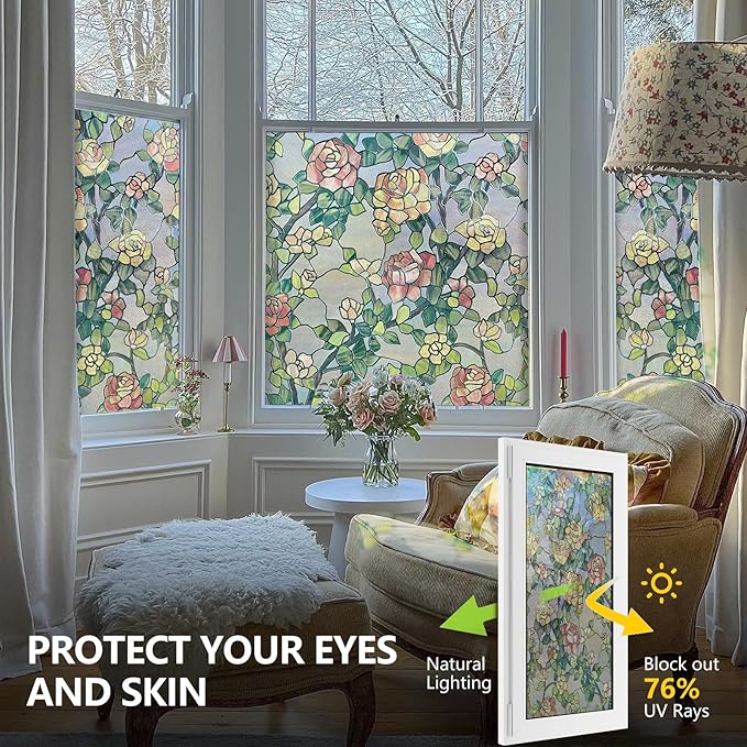 Stained Glass Window Film, 3D Decorative Window Privacy Film for Bathroom,Front Door,Home, Sun Blocking Heat Control,Static Cling, The Beast's Rose 17.3inch x 47.2inch