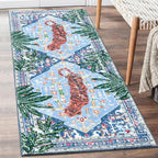 Oriental Tropical Hallway Runner Rug 2x6 Washable, Thin Stain Resistant Blue Boho Runner Rug for Entryway Kitchen Bedroom Laundry, Vintage Abstract Hippie Indian Botanical Long Floor Carpet