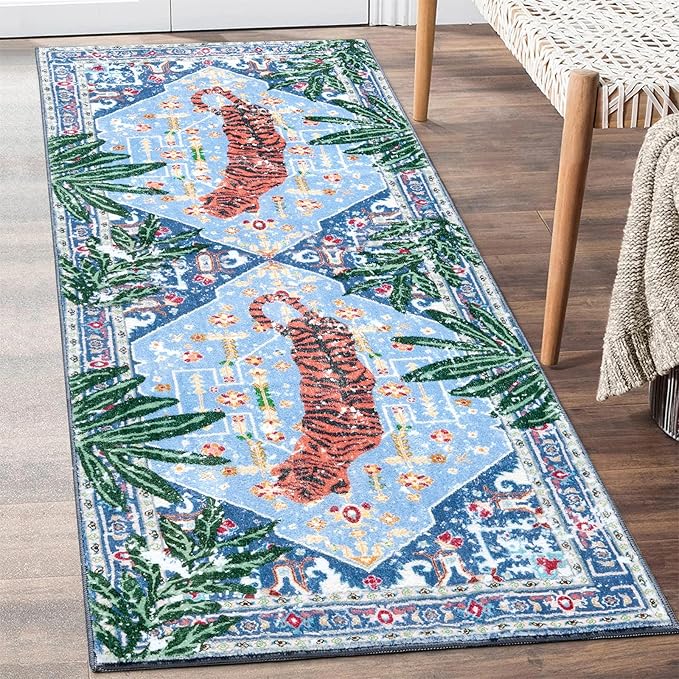 Oriental Tropical Hallway Runner Rug 2x8 Washable, Thin Stain Resistant Blue Boho Runner Rug for Entryway Kitchen Bedroom Laundry, Vintage Abstract Hippie Indian Botanical Long Floor Carpet