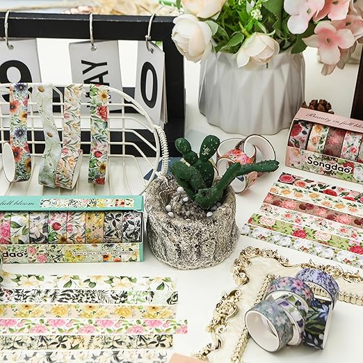 10 Rolls Blooming Flowers Washi Tape Set Floral Arts Adhesive Tapes Colorful Garden Decorative Masking Tape Sets for Craft, Kids, Scrapbook, DIY, Gift Wrapping (6-Silence)