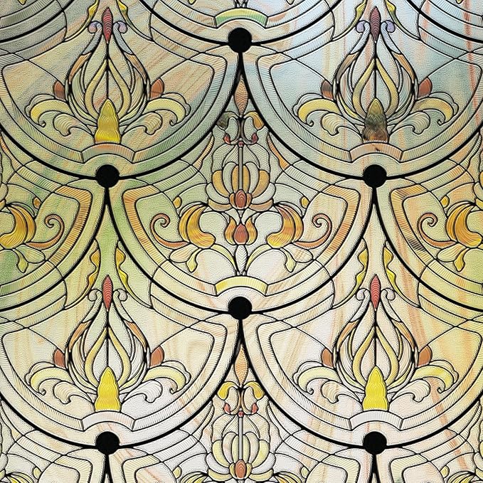 3D Stained Glass Window Film, Decorative Window Privacy Film for Bathroom,Front Door,Home, Sun Blocking Heat Control,Static Cling, Golden Ironwork 23.6inch x 70.8inch