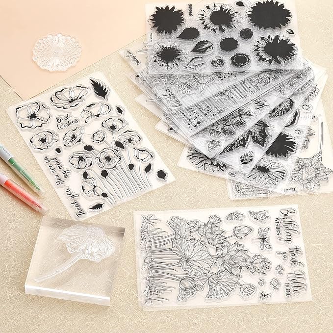 ORIGACH 9 Sheets Plants and Flowers Clear Stamps Silicone Transparent Stamps for Card Making Decoration and DIY Scrapbooking