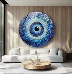 My Photostation.com 15.8''(40cm) Diameter Blue Mosaic Evil Eye Round Glass Wall Art Tempered Glass Printing Wall Decor Large Wall Art Wall Hangings