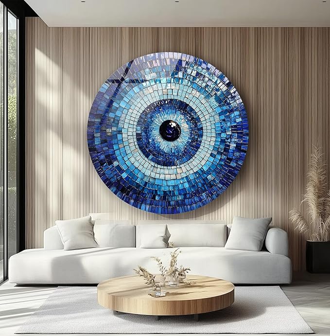 My Photostation.com 27.5''(70cm) Diameter Blue Mosaic Evil Eye Round Glass Wall Art Tempered Glass Printing Wall Decor Large Wall Art Wall Hangings