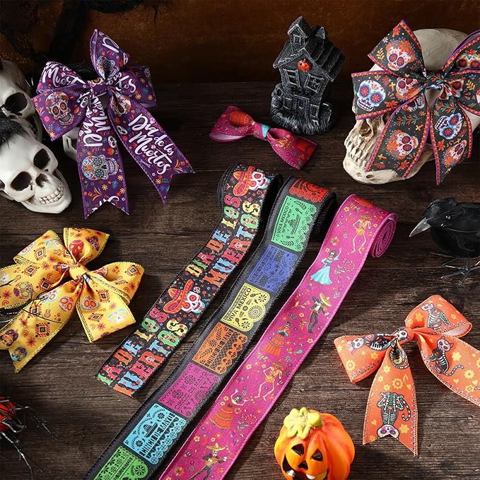 12 Rolls 60 Yards Day of The Dead Wired Edge Ribbons Black Purple Sugar Skull Flower Burlap Ribbon Dia De Los Meurtos Ribbon for Halloween Party DIY Craft Wreath Decor