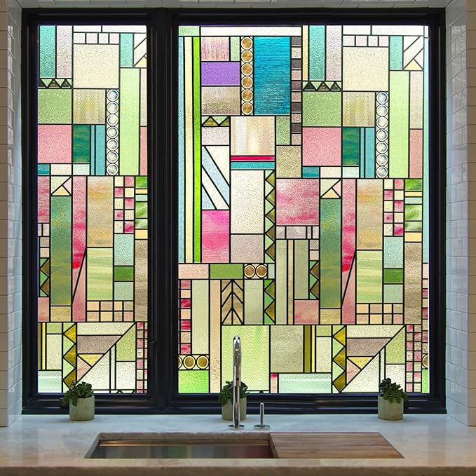 3D Stained Glass Window Privacy Film, Heat Control UV Blocking Static Cling Decorative Window Film for Bathroom,Front Door,Home Non Adhesive,Colorblock 35.4 x 78.7 inches