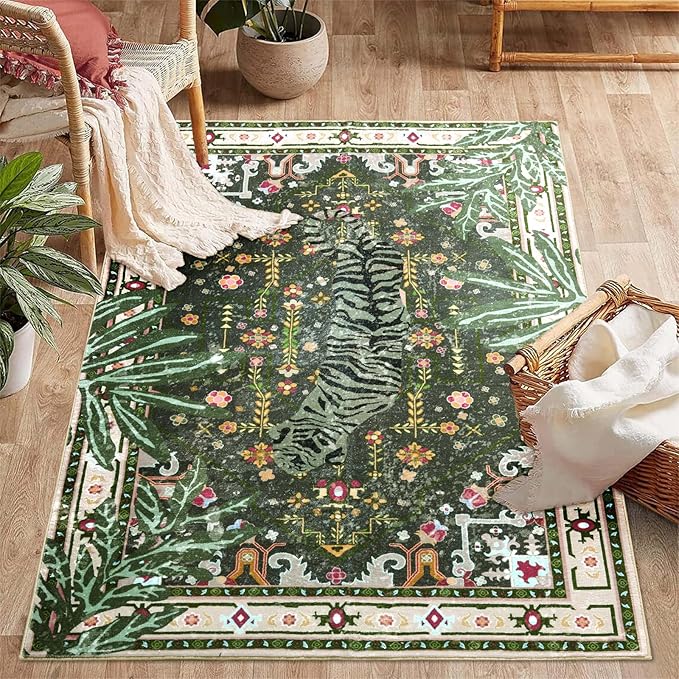 Oriental Tropical Washable Rugs, Greyish Green Boho Vintage Distressed Hippie 4x6 Area Rugs for Living Room Bedroom Kitchen Entryway Dorm, Abstract Botanical Animal Tribal Accent Carpet