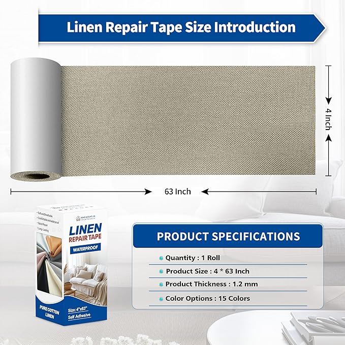 KING MOUNTAIN Linen Repair Patches, Self-Adhesive Linen Fabric Patches, 4 X 63 inch Extra Size, Multi Color, Can be Used for Linen Sofa Repair and Linen Clothes Repair（Khaki1.0