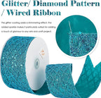 HUIHUANG Turquoise Glitter Wired Ribbon for Christmas Tree 2.5 inch Peacock Blue Diamond Mesh Ribbon for Tree Decoration, Wreaths, Garland, Gift Wrapping, Large Bows Making, Home Decor -10 Yards