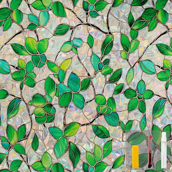 Window Privacy Film Stain Glass Window Film Rainbow Window Film Window clings Non-Adhesive Reusable Decorative for Room (Greenery Leaf, 17.5 x 78.7 in)