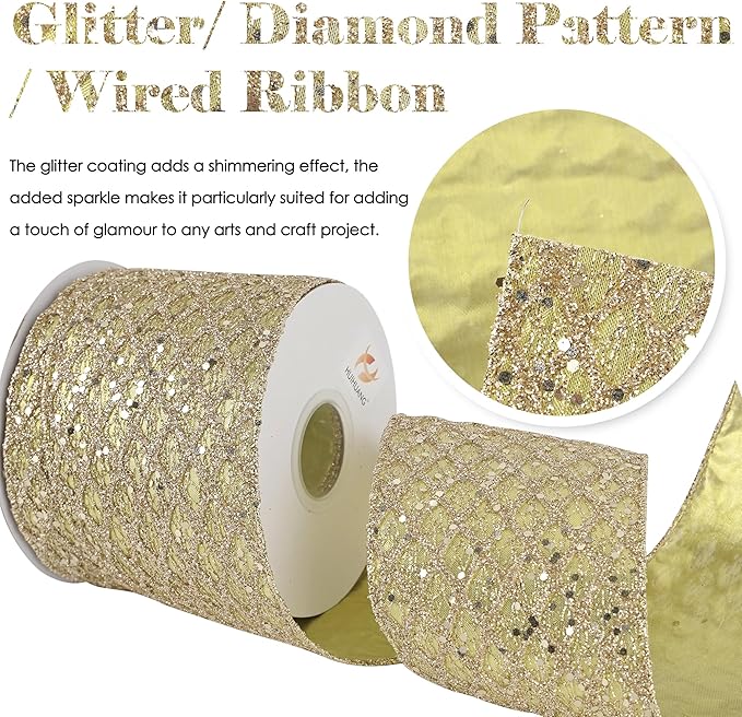 HUIHUANG Champagne Gold Christmas Ribbon 4 inch Glitter Wired Ribbon Diamond Mesh Wire Ribbon for X-mas Tree Decorations, Wreaths, Garland, Large Bows Making, Wedding Decor -10 Yards
