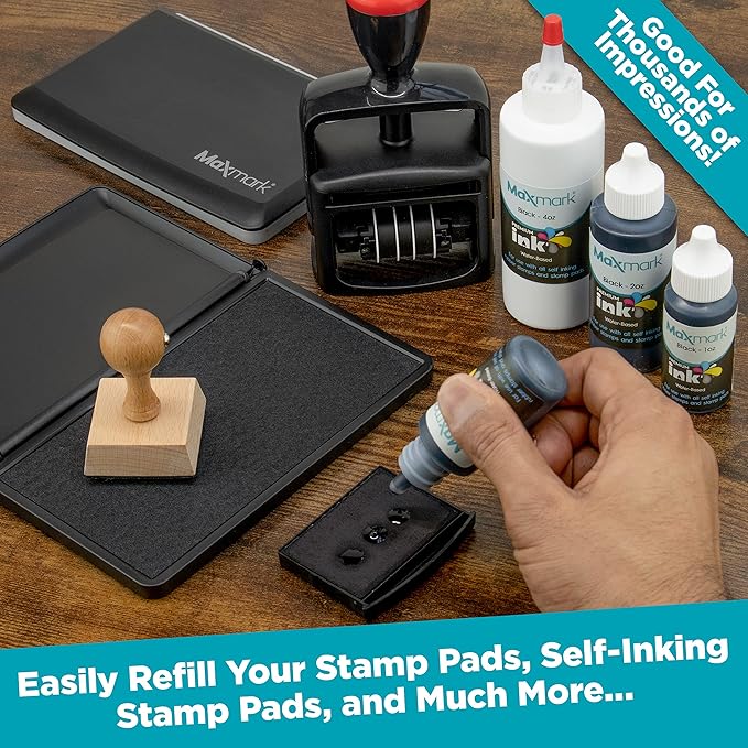 MaxMark Premium Refill Ink for self Inking Stamps and Stamp Pads, Black Color - 2 oz.