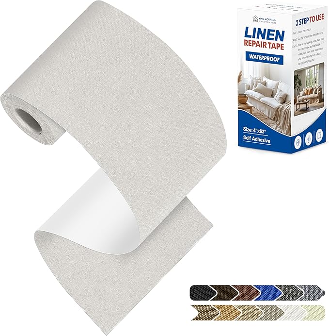 KING MOUNTAIN Linen Repair Patches, Self-Adhesive Linen Fabric Patches, 4 X 63 inch Extra Size, Multi Color, Can be Used for Linen Sofa Repair and Linen Clothes Repair (Beige)