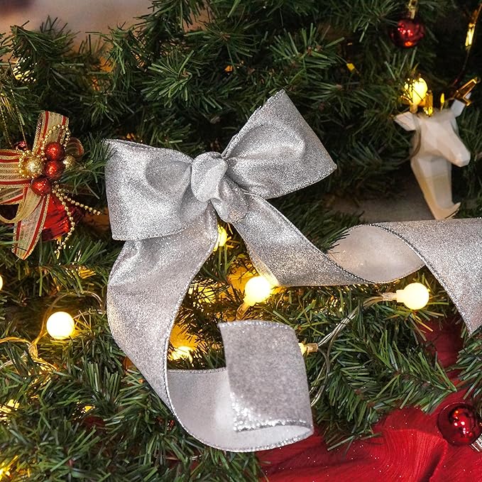 CT CRAFT LLC Glitter Wired Ribbon 2.5" x 10 Yards Silver for Christmas Home Decor Bow Gift Wrapping DIY Crafts Wreath
