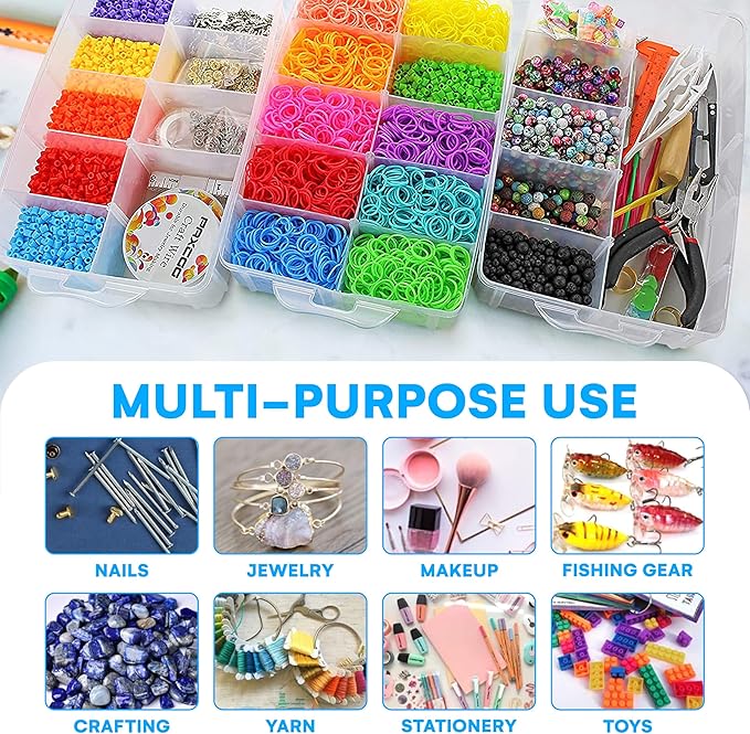Bins & Things 3-Tier Stackable Storage Container - 30 Adjustable Slots Thread and Bead Organizer - Craft Box for Spools, Bobbins, Jewelry, Sewing, Art Supplies - Large, Clear
