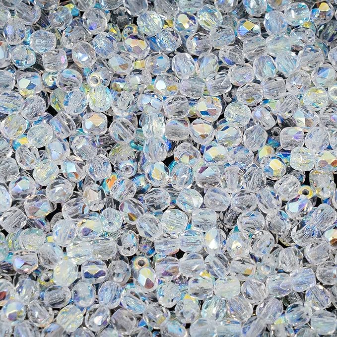 275 pcs Set of Czech Faceted Glass Beads, Fire-Polished Round Crystal AB - 3mm (100pcs), 4mm (100pcs), 6mm (50pcs), 8mm (25pcs) kit for Jewelry Making