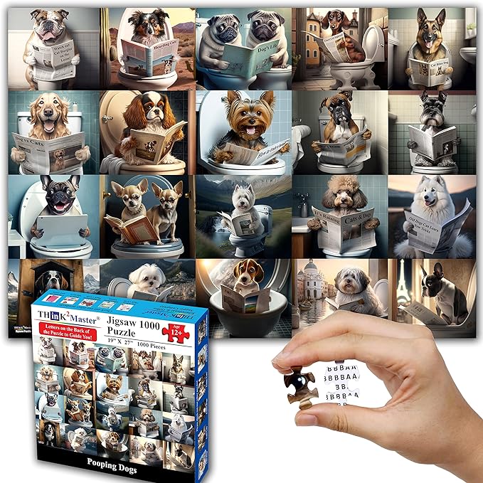 Think2Master Pooping Dogs & Puppies 1000 Pieces Jigsaw Puzzle. Pooping Puppies, Funny Bathroom Decoration, Gag Gift. Fun Toy Teens, Adults, Seniors & Families. Great for Kids 13+ Size: 26.8” x 18.9”