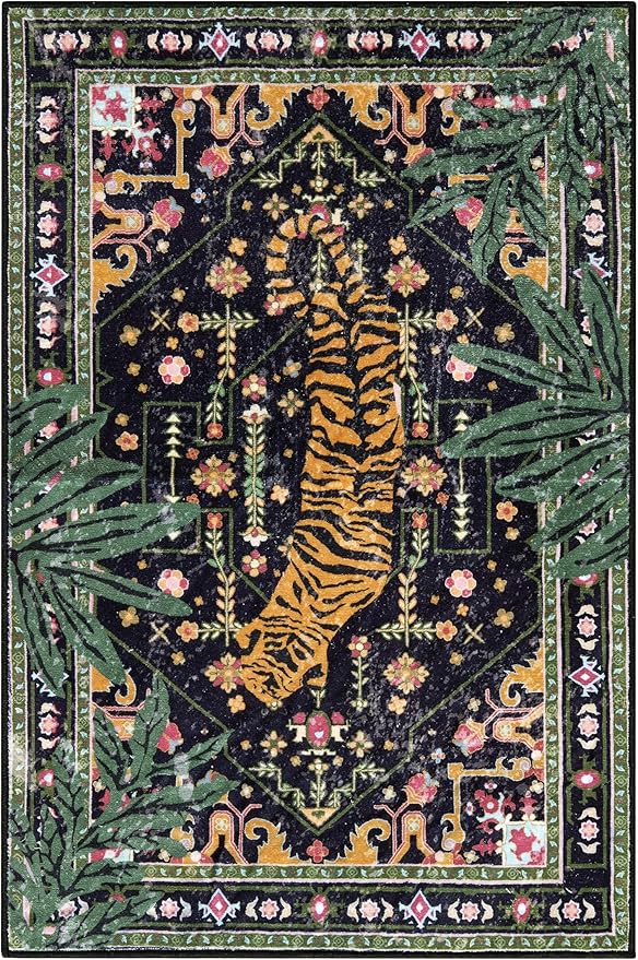 Oriental Tropical Washable Rugs, Thin Black Boho Vintage Distressed Hippie 4x6 Area Rugs for Living Room Bedroom Kitchen Entryway Dorm, Abstract Botanical Animal Tribal Indian Accent Carpet