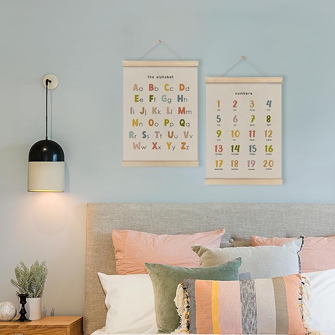HRQKO Alphabet Numbers Poster Hanger Frame Set of 2, Nursery Wall Decor, Boho ABC Poster Wall Art with Wooden Frames, Cute Alphabet Banner Wall Hanging Decor for Toddlers Room Playroom, 12x16 Inch