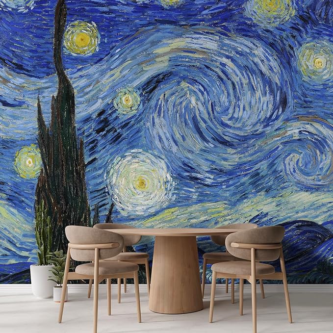 wall26 Wall Sticker/Wall Mural Starry Night by Vincent Van Gogh Dutch Impressionism, Not Peel and Stick, Non-Woven Wallpaper Decorative for Bedroom, Living Room,Office - 132x120 inches